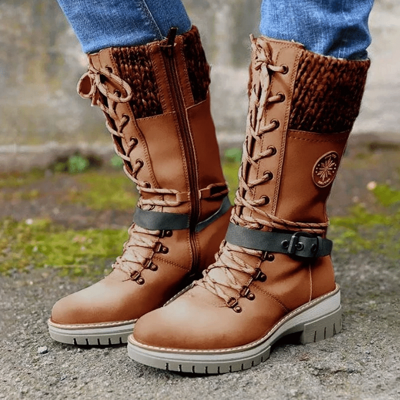 Women Snow Buckle Lace Knitted Mid-calf Snow Slip Resistant Waterproof Winter Boots