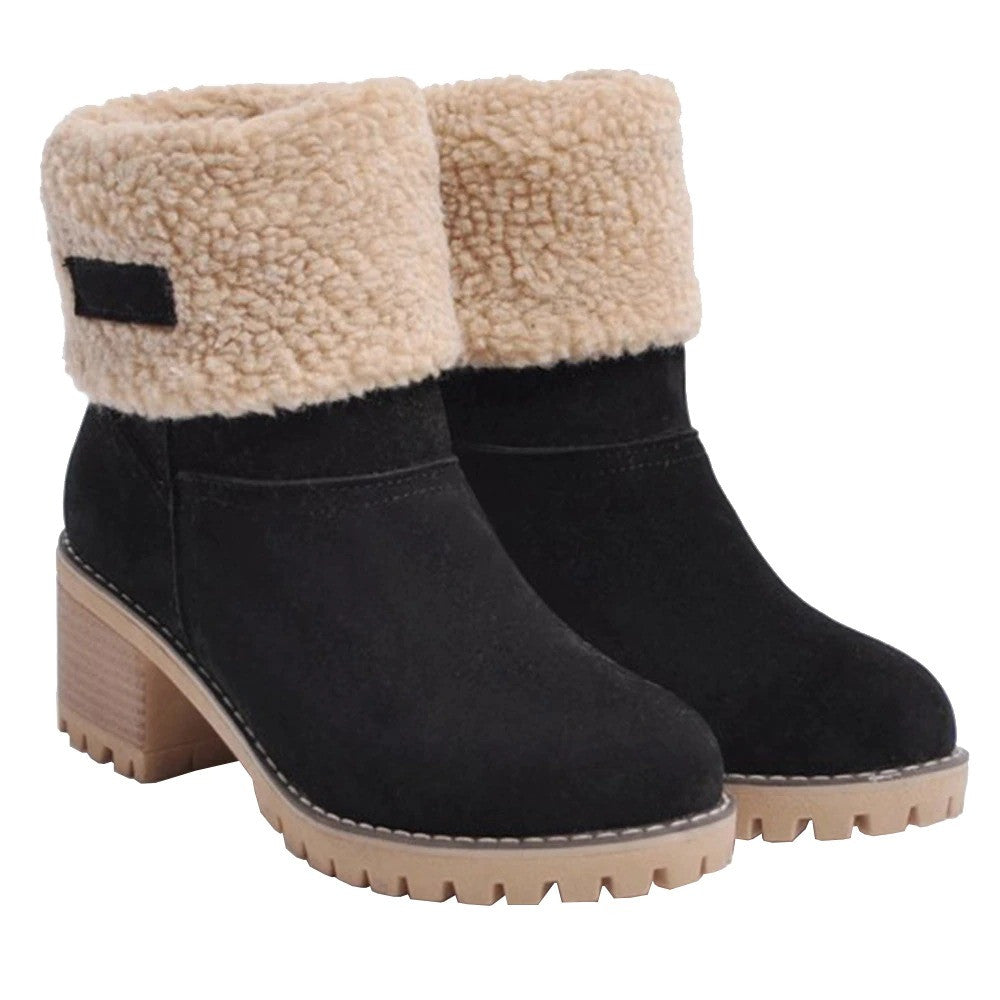 Women Warm Large Size Fur Lining Square Heels Non Slip Snow Winter Boots